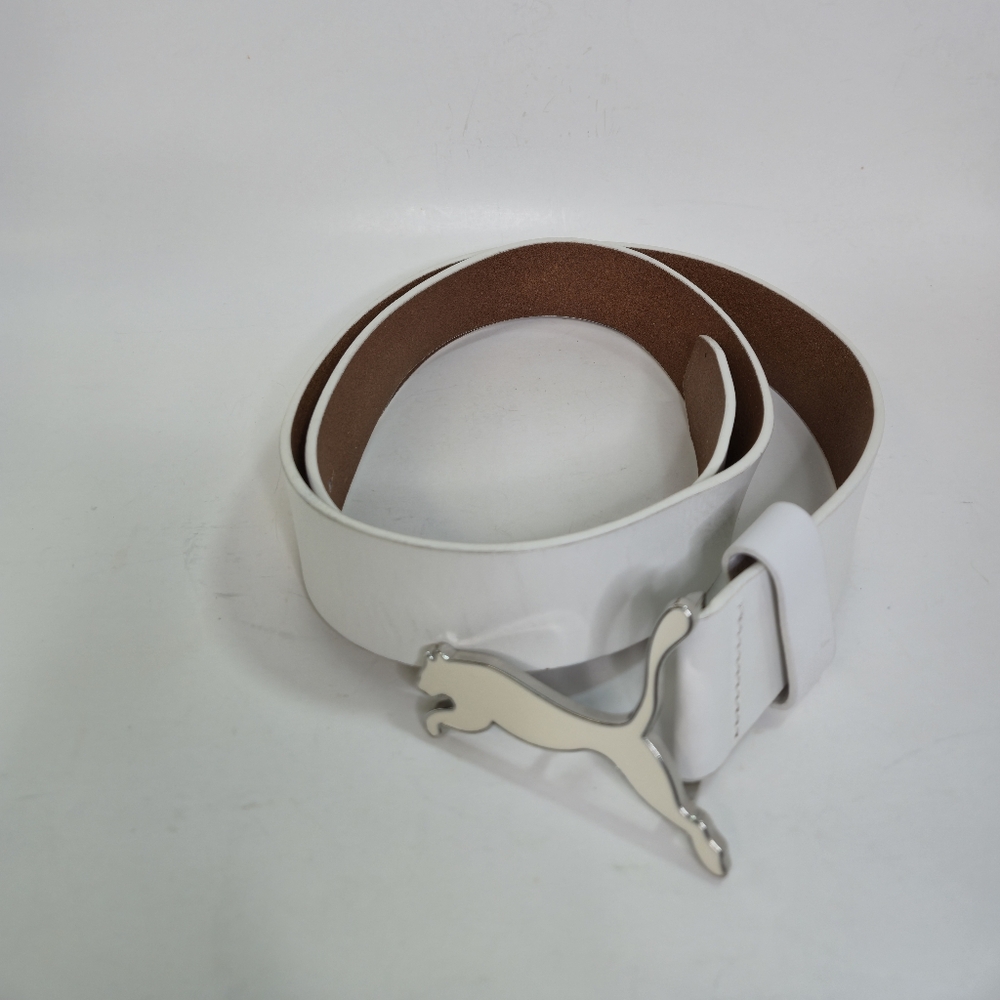 Puma White Leather Belt With Cream Cat Buckle Size XL 110cm